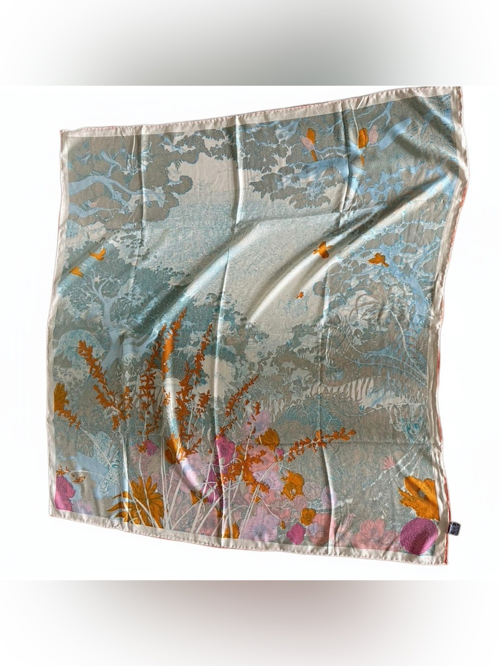 Floral Botanical Silk Scarf in Dusty Blue, Mustard & Pink